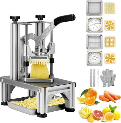 Commercial French Fry Cutter with 4 Replacement Blades, 1/4" and 3/8" Blade Easy Dicer Chopper, 6-wedge Slicer and 6-wedge Apple Corer, Lemon Potato Cutter for French Fries with Extended Handle