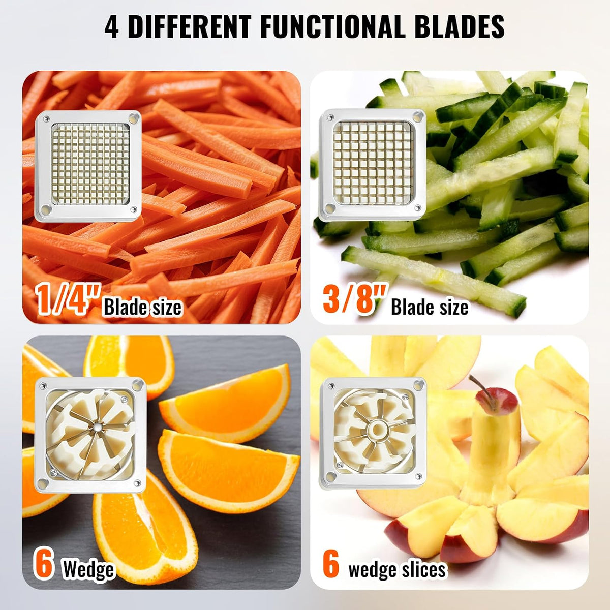 Commercial French Fry Cutter with 4 Replacement Blades, 1/4" and 3/8" Blade Easy Dicer Chopper, 6-wedge Slicer and 6-wedge Apple Corer, Lemon Potato Cutter for French Fries with Extended Handle