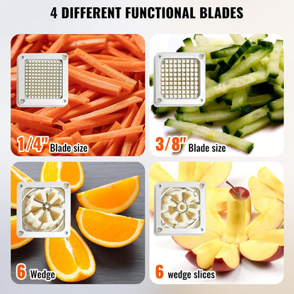 Commercial French Fry Cutter with 4 Replacement Blades, 1/4" and 3/8" Blade Easy Dicer Chopper, 6-wedge Slicer and 6-wedge Apple Corer, Lemon Potato Cutter for French Fries with Extended Handle