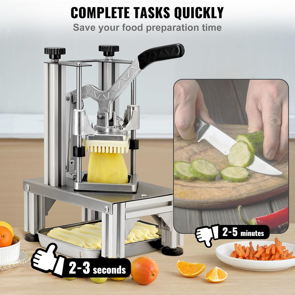 Commercial French Fry Cutter with 4 Replacement Blades, 1/4" and 3/8" Blade Easy Dicer Chopper, 6-wedge Slicer and 6-wedge Apple Corer, Lemon Potato Cutter for French Fries with Extended Handle