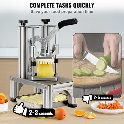 Commercial French Fry Cutter with 4 Replacement Blades, 1/4" and 3/8" Blade Easy Dicer Chopper, 6-wedge Slicer and 6-wedge Apple Corer, Lemon Potato Cutter for French Fries with Extended Handle