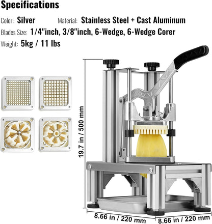 Commercial French Fry Cutter with 4 Replacement Blades, 1/4" and 3/8" Blade Easy Dicer Chopper, 6-wedge Slicer and 6-wedge Apple Corer, Lemon Potato Cutter for French Fries with Extended Handle