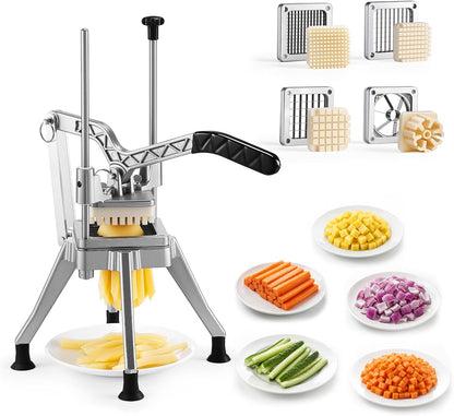 Commercial French Fry Cutter with 4 Replacement Blades, 1/4" and 3/8" Blade Easy Dicer Chopper, 6-wedge Slicer and 6-wedge Apple Corer, Lemon Potato Cutter for French Fries with Extended Handle