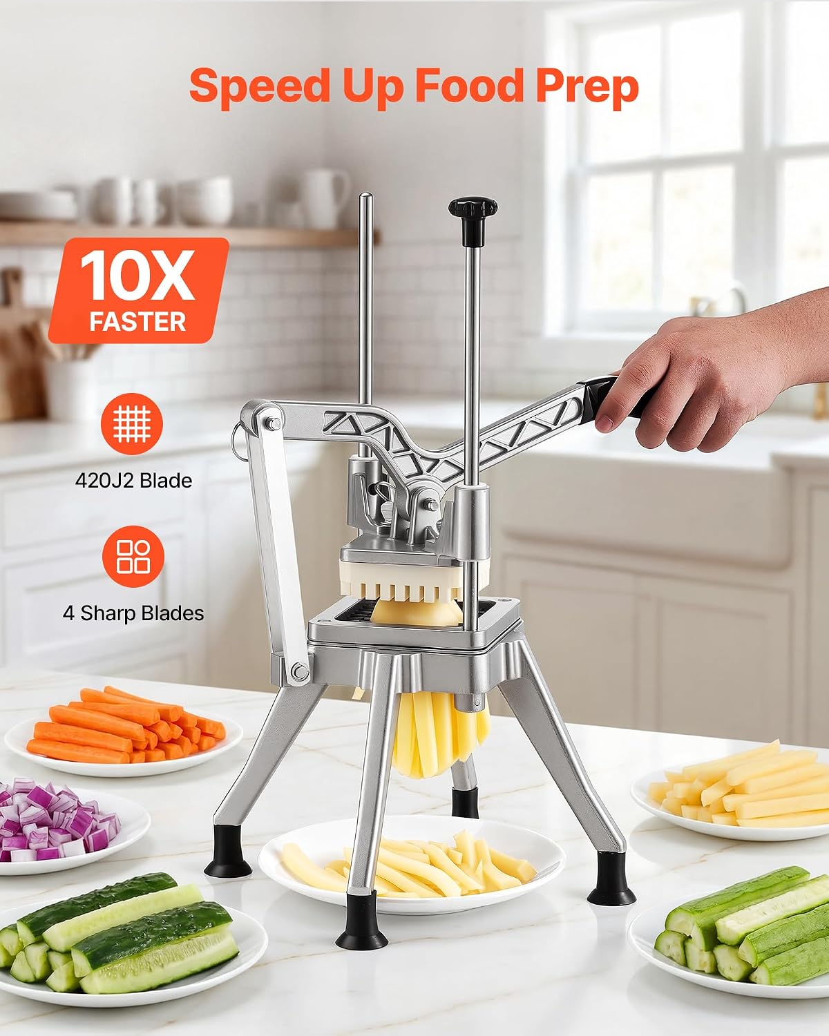 Commercial French Fry Cutter with 4 Replacement Blades, 1/4" and 3/8" Blade Easy Dicer Chopper, 6-wedge Slicer and 6-wedge Apple Corer, Lemon Potato Cutter for French Fries with Extended Handle