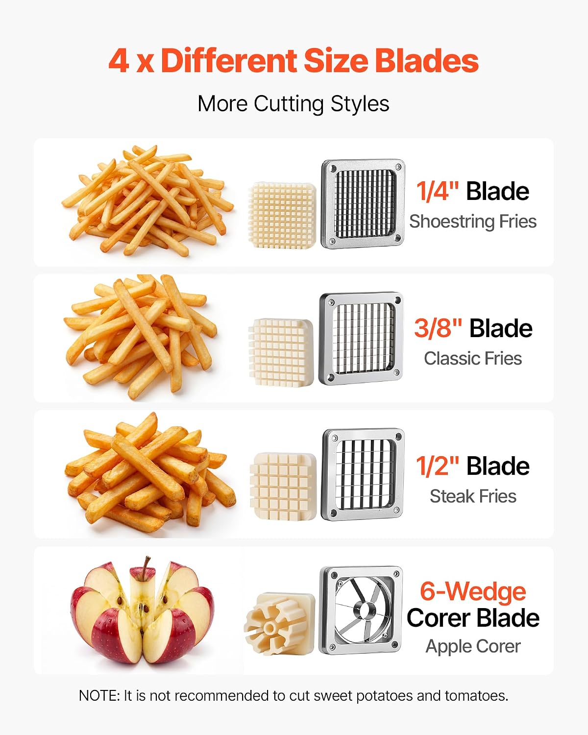 Commercial French Fry Cutter with 4 Replacement Blades, 1/4" and 3/8" Blade Easy Dicer Chopper, 6-wedge Slicer and 6-wedge Apple Corer, Lemon Potato Cutter for French Fries with Extended Handle