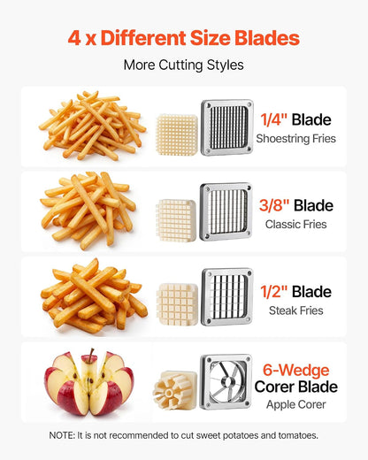 Commercial French Fry Cutter with 4 Replacement Blades, 1/4" and 3/8" Blade Easy Dicer Chopper, 6-wedge Slicer and 6-wedge Apple Corer, Lemon Potato Cutter for French Fries with Extended Handle