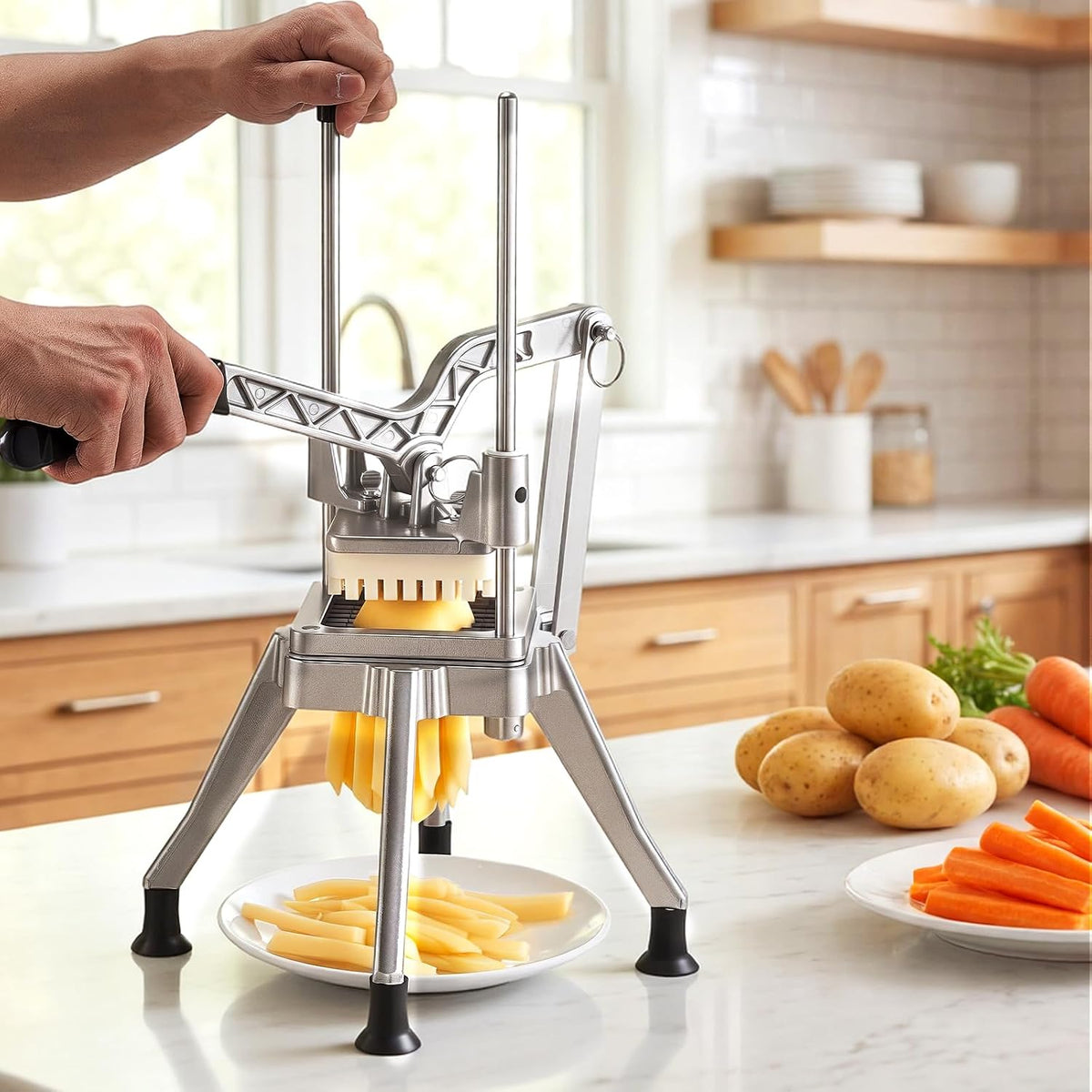 Commercial French Fry Cutter with 4 Replacement Blades, 1/4" and 3/8" Blade Easy Dicer Chopper, 6-wedge Slicer and 6-wedge Apple Corer, Lemon Potato Cutter for French Fries with Extended Handle