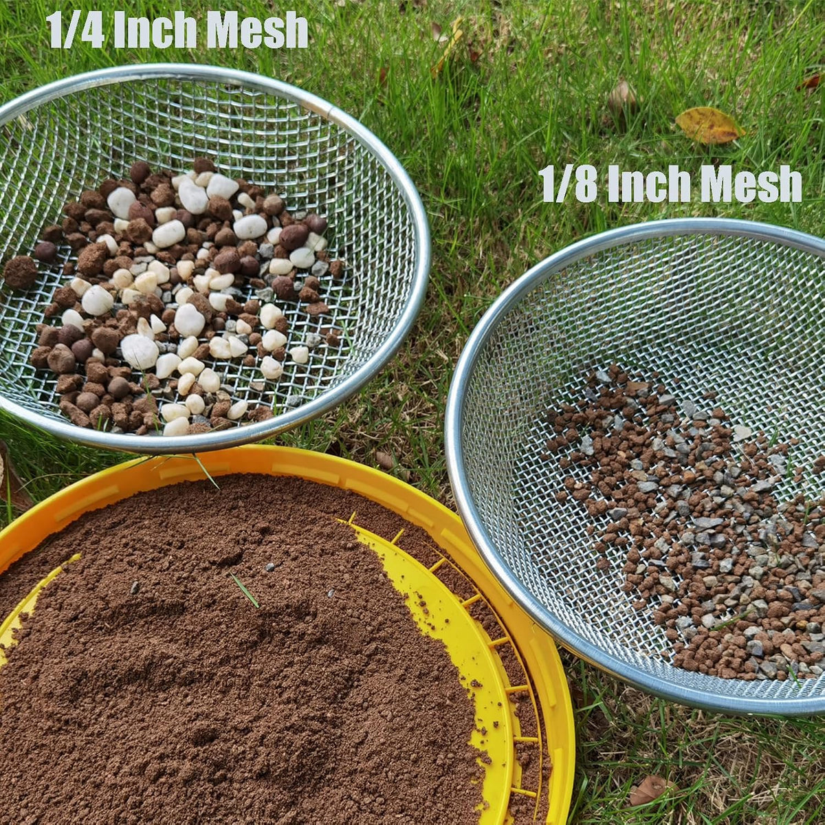 2PCS Gardening Sand Soil Compost Sifter Perfect for 5 Gallon Bucket, 1/4 Inch Mesh, 1/8 Inch Mesh