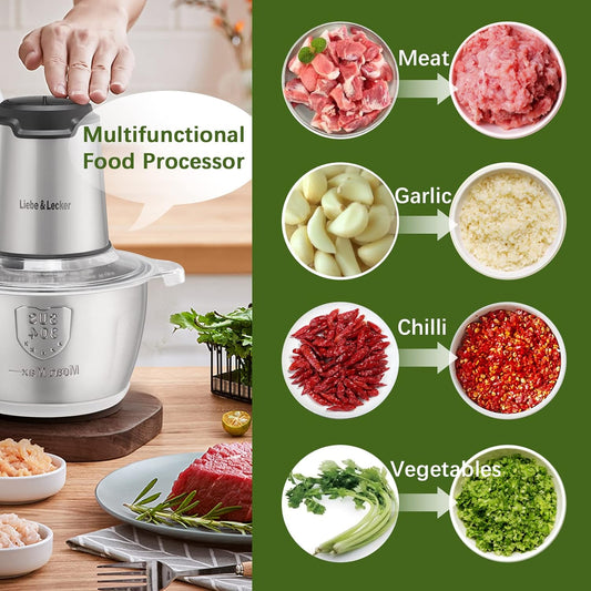 Electric Food Chopper, 350W Food Processor with 8-Cup Bowl | Stainless Steel Meat Grinder with 4 Sharp Blades, 2 Speeds Mincer for Vegetables, Nuts, Homemade Puree Recipes, Zero BPA