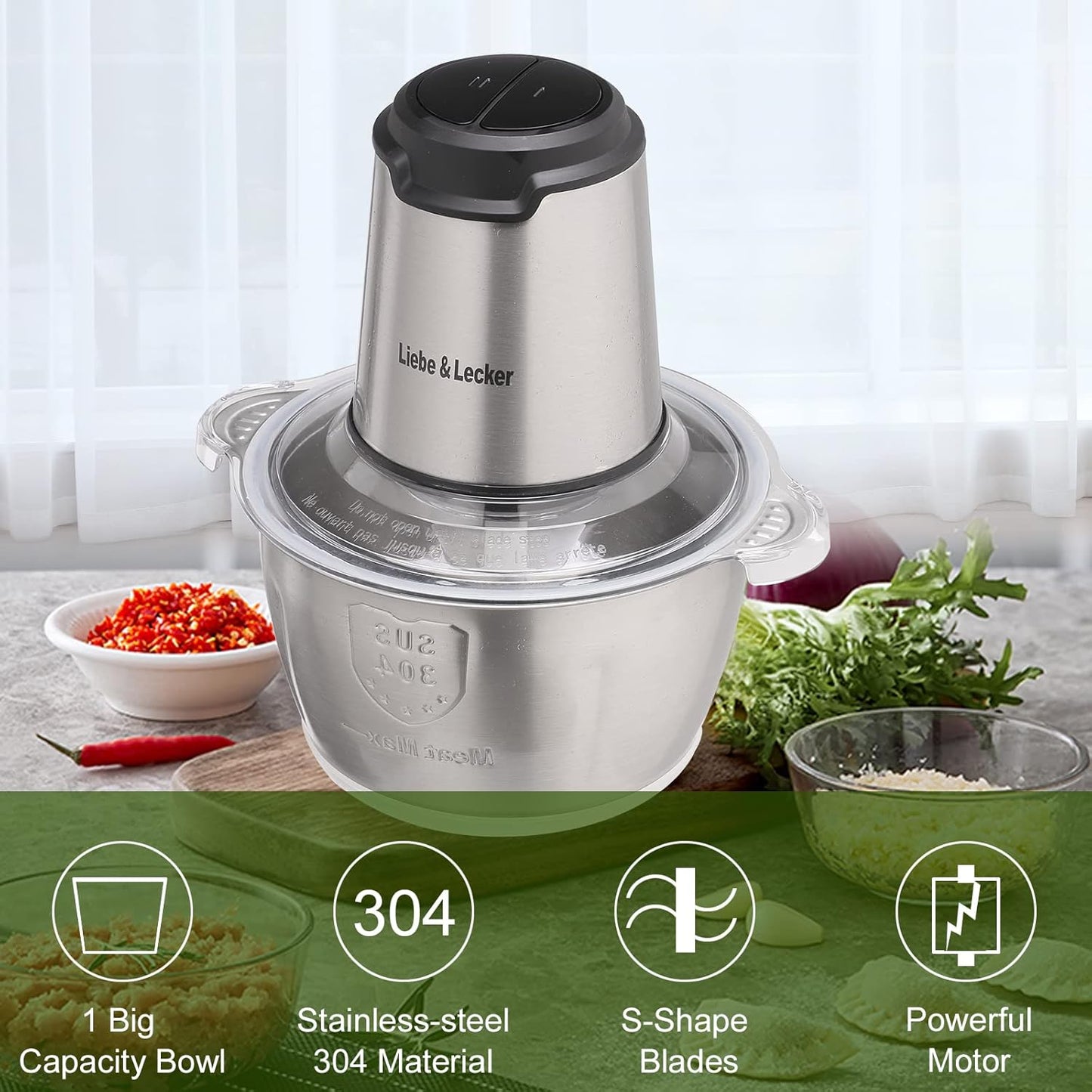 Electric Food Chopper, 350W Food Processor with 8-Cup Bowl | Stainless Steel Meat Grinder with 4 Sharp Blades, 2 Speeds Mincer for Vegetables, Nuts, Homemade Puree Recipes, Zero BPA