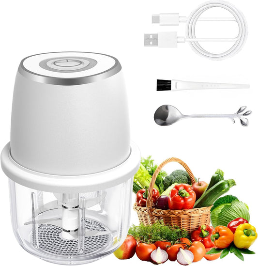 Electric Garlic Chopper With Glass Bowl Cordless Mini Food Processor（White） | BPA-Free Glass Bowl 6-Blade Cutting Cordless & USB Rechargeabl Garlic Chopper Mini Chopper for Onion Herb Nut Easy to Clean