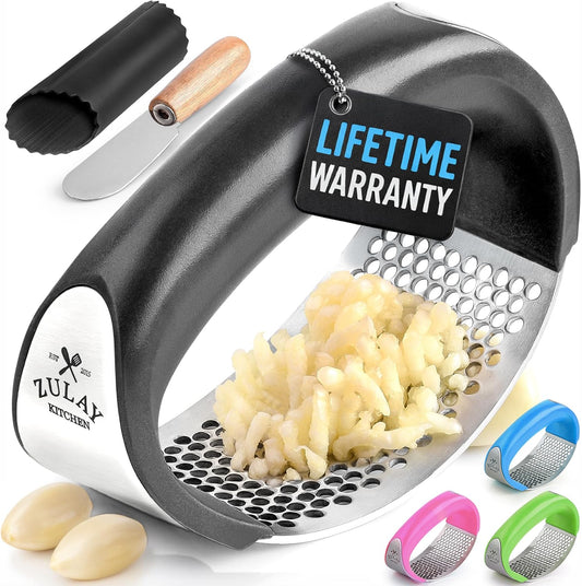 Stainless Steel Garlic Press Rocker Set - Premium Garlic Mincer Garlic Crusher - New Innovative Garlic Crusher with Peeler and Scraper - Comfortable Grip (Black)