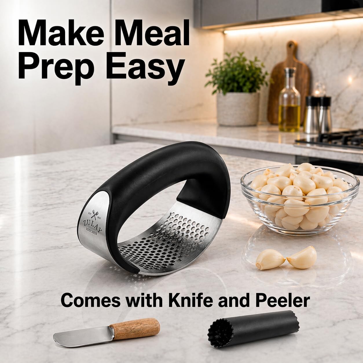 Stainless Steel Garlic Press Rocker Set - Premium Garlic Mincer Garlic Crusher - New Innovative Garlic Crusher with Peeler and Scraper - Comfortable Grip (Black)