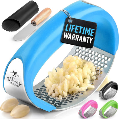Stainless Steel Garlic Press Rocker Set - Premium Garlic Mincer Garlic Crusher - New Innovative Garlic Crusher with Peeler and Scraper - Comfortable Grip (Black)