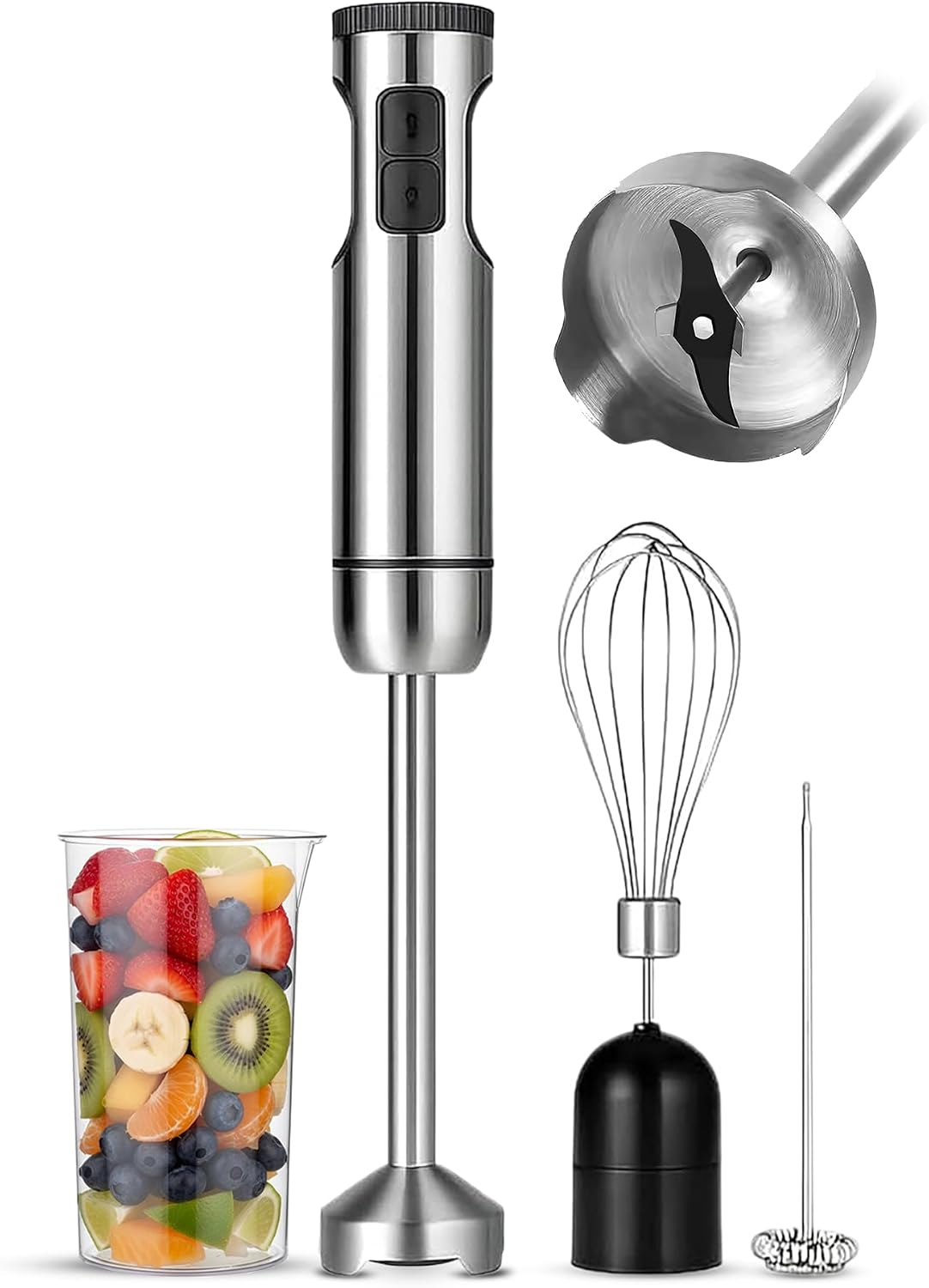 4-in-1 Immersion Hand Blender Set - 800W Powerful Stainless Steel Stick Blender with Whisk, Chopper and Beaker - 8-Speed Handheld Blender for Smoothies, Soup, Baby Food and Puree