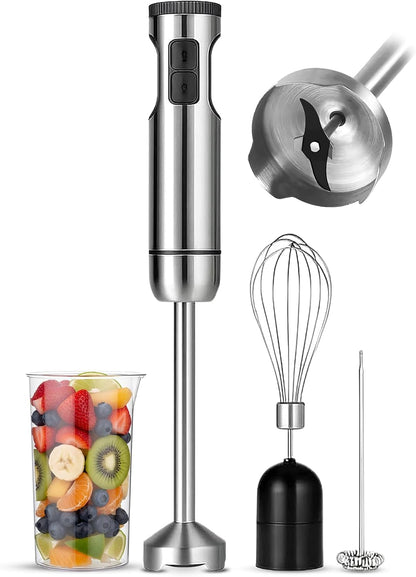 4-in-1 Immersion Hand Blender Set - 800W Powerful Stainless Steel Stick Blender with Whisk, Chopper and Beaker - 8-Speed Handheld Blender for Smoothies, Soup, Baby Food and Puree
