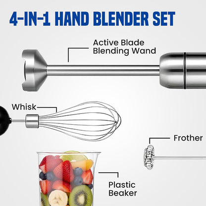 4-in-1 Immersion Hand Blender Set - 800W Powerful Stainless Steel Stick Blender with Whisk, Chopper and Beaker - 8-Speed Handheld Blender for Smoothies, Soup, Baby Food and Puree