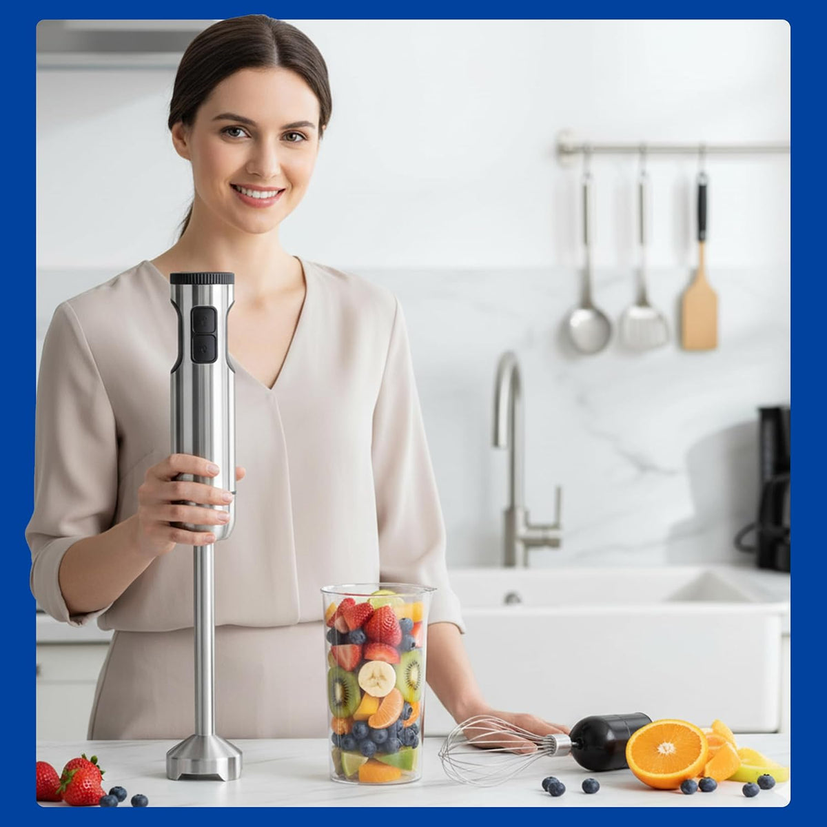 4-in-1 Immersion Hand Blender Set - 800W Powerful Stainless Steel Stick Blender with Whisk, Chopper and Beaker - 8-Speed Handheld Blender for Smoothies, Soup, Baby Food and Puree
