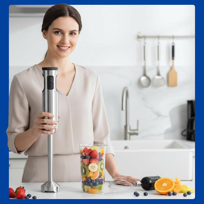 4-in-1 Immersion Hand Blender Set - 800W Powerful Stainless Steel Stick Blender with Whisk, Chopper and Beaker - 8-Speed Handheld Blender for Smoothies, Soup, Baby Food and Puree