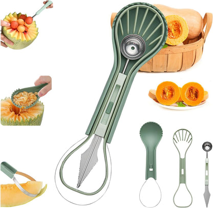 6-in-1 Melon Fork Slicer Cutter, Melon Baller Scoop Set,Watermelon Slicer Tool, Stainless Steel Fruit Cutter, Seed Remover, Fruit Fork for Camping Kitchen Gadgets (6-in-1-green)