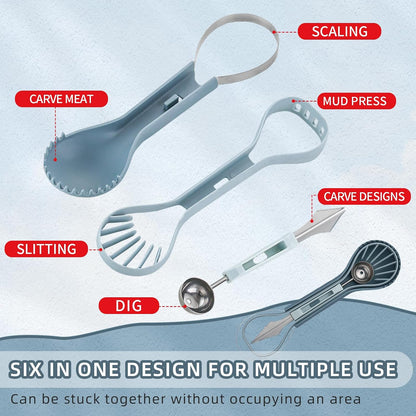 6-in-1 Melon Fork Slicer Cutter, Melon Baller Scoop Set,Watermelon Slicer Tool, Stainless Steel Fruit Cutter, Seed Remover, Fruit Fork for Camping Kitchen Gadgets (6-in-1-green)