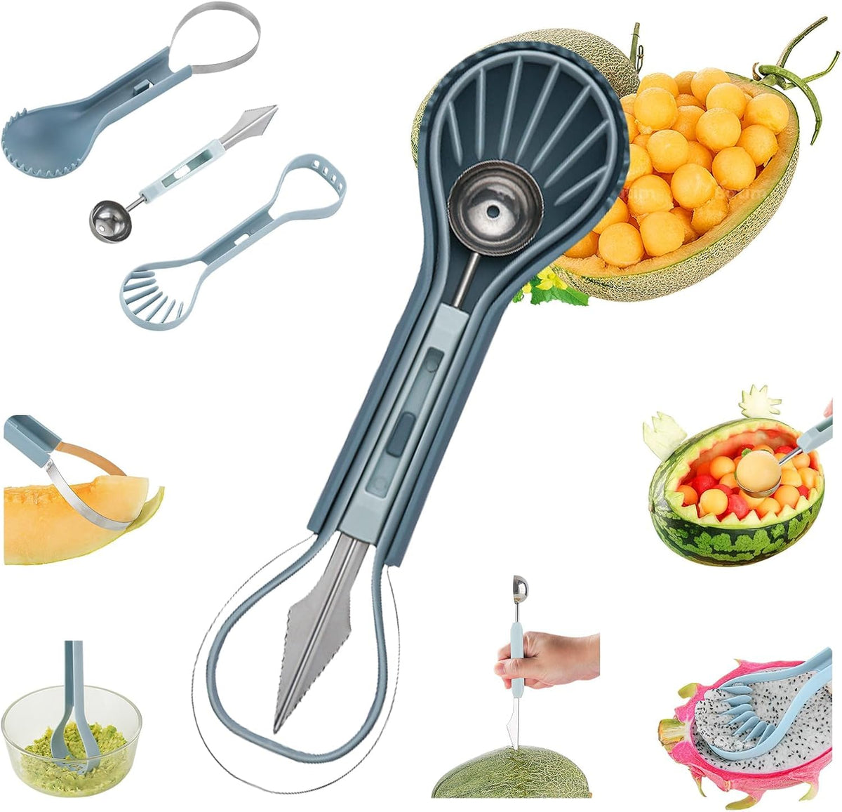 6-in-1 Melon Fork Slicer Cutter, Melon Baller Scoop Set,Watermelon Slicer Tool, Stainless Steel Fruit Cutter, Seed Remover, Fruit Fork for Camping Kitchen Gadgets (6-in-1-green)