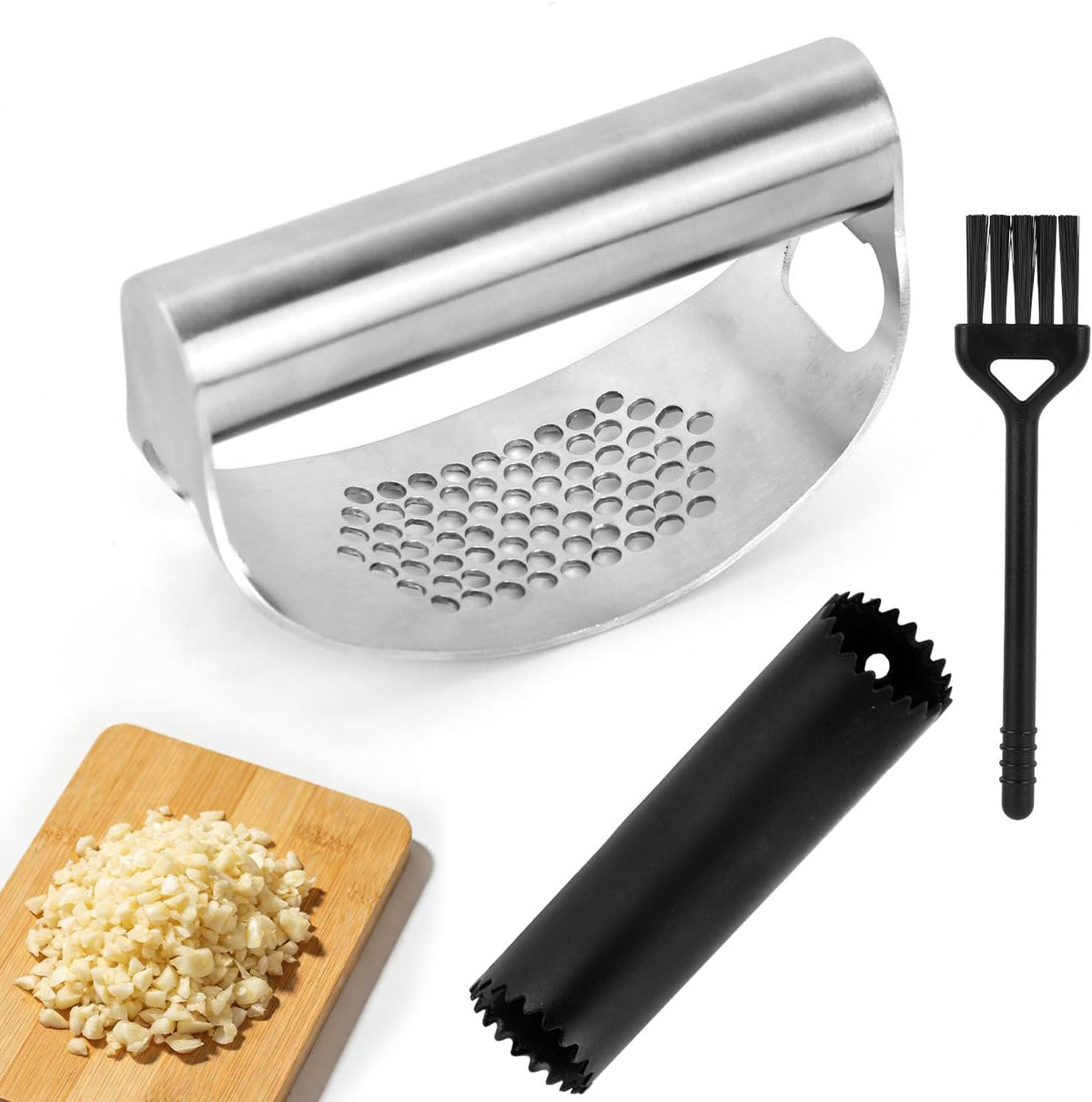 Stainless Steel Garlic Press Rocker Tool, Upgrade Manual Garlic Roller Crusher with Plastic Peeler & Silicone Cleaning Brush, Portable Ginger Mincer and Easy-Clean Chopper Kitchen Gadget