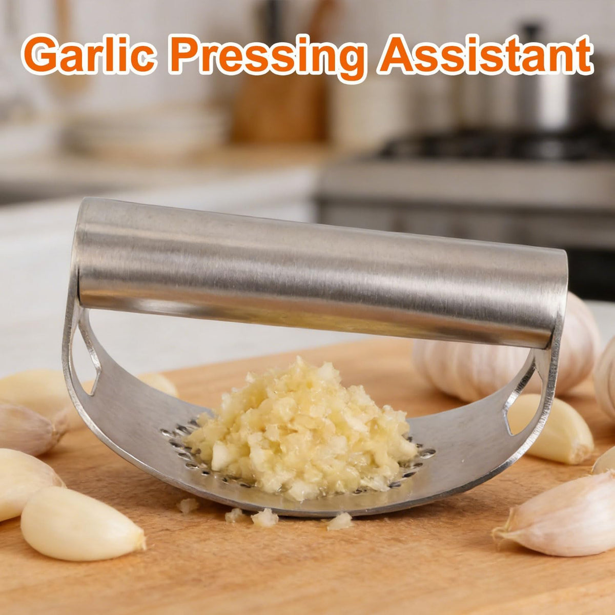Stainless Steel Garlic Press Rocker Tool, Upgrade Manual Garlic Roller Crusher with Plastic Peeler & Silicone Cleaning Brush, Portable Ginger Mincer and Easy-Clean Chopper Kitchen Gadget