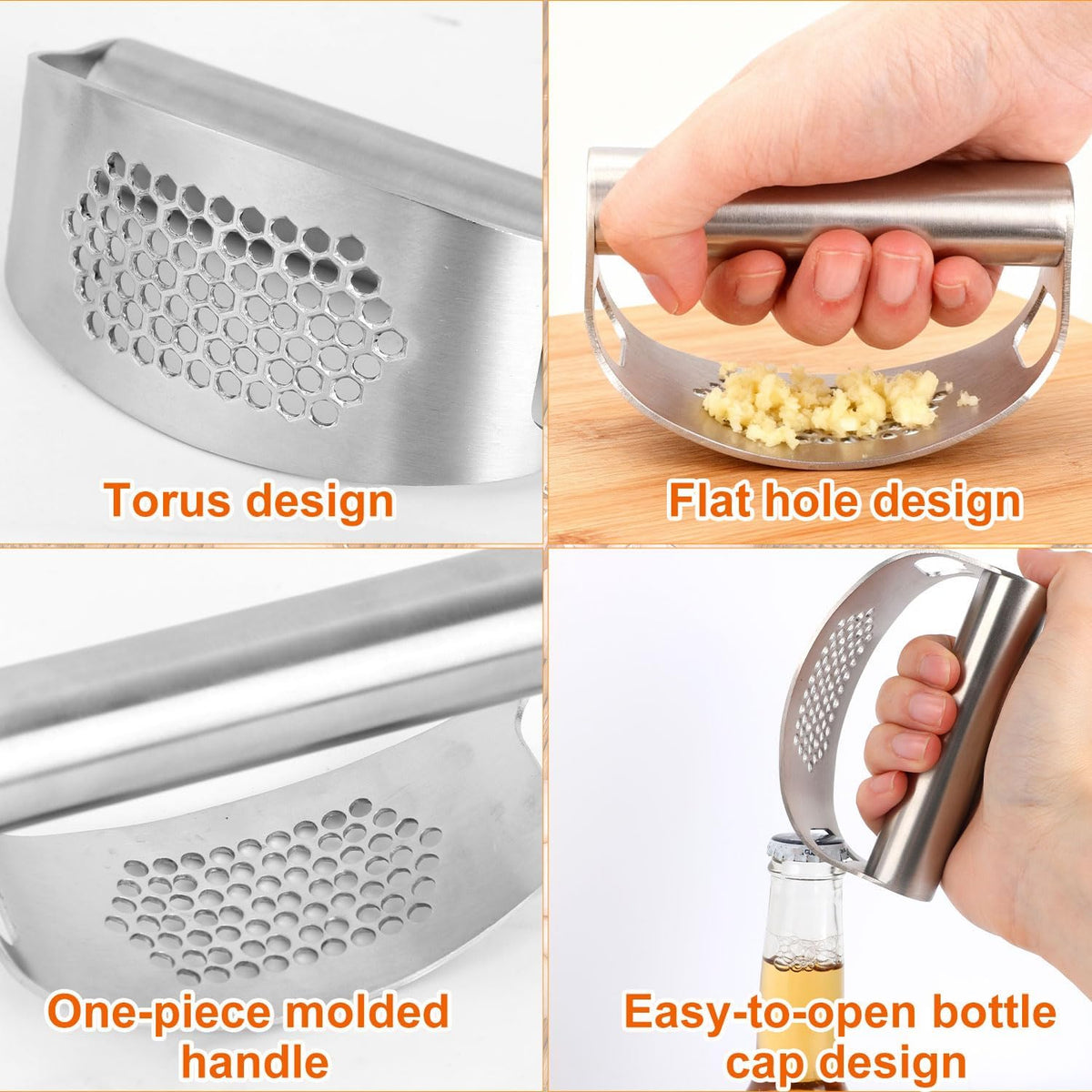 Stainless Steel Garlic Press Rocker Tool, Upgrade Manual Garlic Roller Crusher with Plastic Peeler & Silicone Cleaning Brush, Portable Ginger Mincer and Easy-Clean Chopper Kitchen Gadget