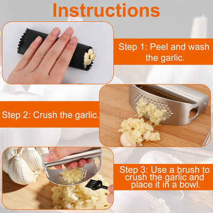 Stainless Steel Garlic Press Rocker Tool, Upgrade Manual Garlic Roller Crusher with Plastic Peeler & Silicone Cleaning Brush, Portable Ginger Mincer and Easy-Clean Chopper Kitchen Gadget