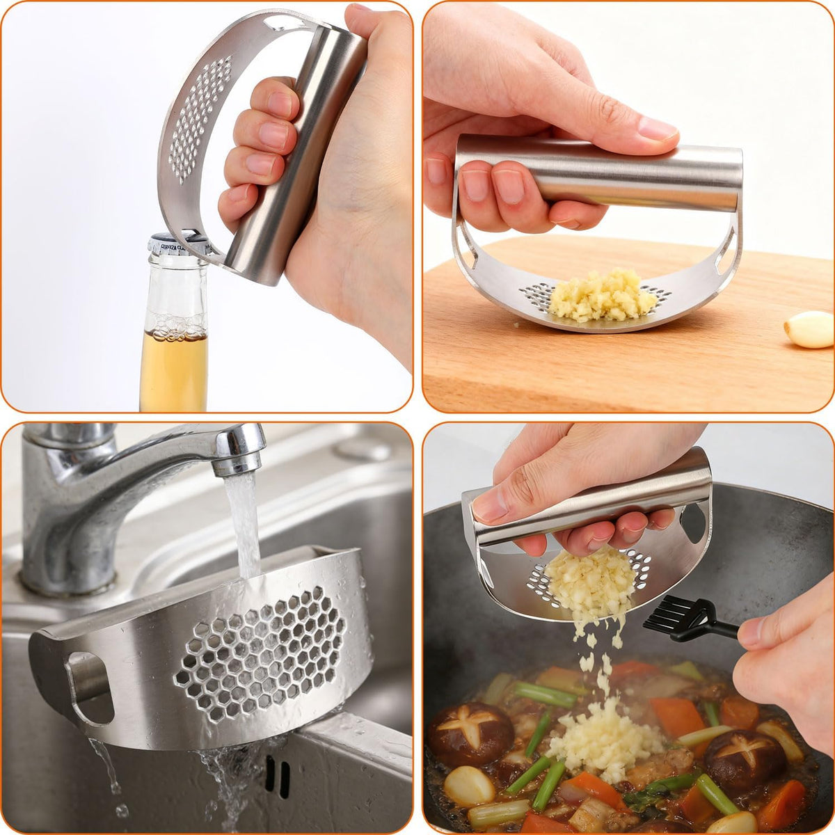 Stainless Steel Garlic Press Rocker Tool, Upgrade Manual Garlic Roller Crusher with Plastic Peeler & Silicone Cleaning Brush, Portable Ginger Mincer and Easy-Clean Chopper Kitchen Gadget