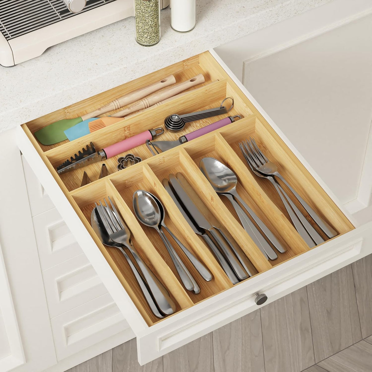 drawer organizer flatware organizer cutlery tray silverware organizer expandable adjustable bamboo drawer organizer kitchen bathroom