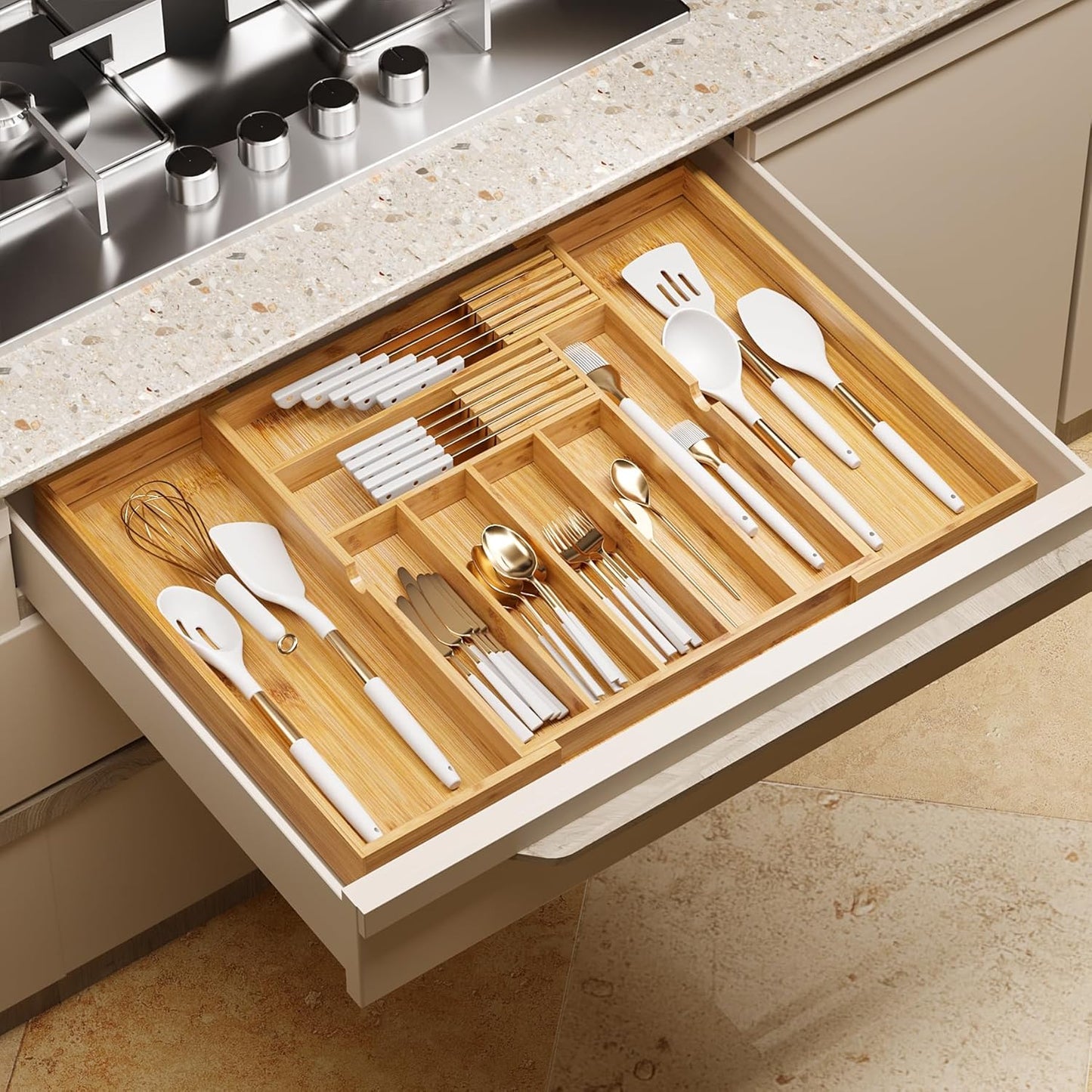 drawer organizer flatware organizer cutlery tray silverware organizer expandable adjustable bamboo drawer organizer kitchen bathroom