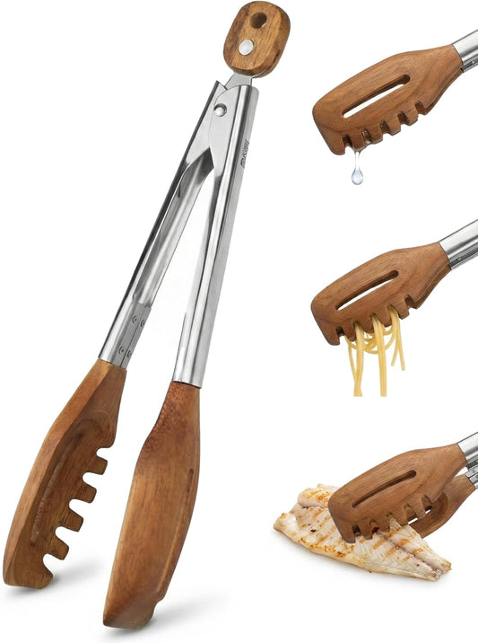3-in-1 Kitchen Tongs & Pasta Server – 12 Inch Walnut Multifunction Tongs with Slotted Forked & Flat Tips for Pasta, Salad, Cooking and More – Elegant, Heat-Resistant Food Tongs for Home Cooks & Chefs