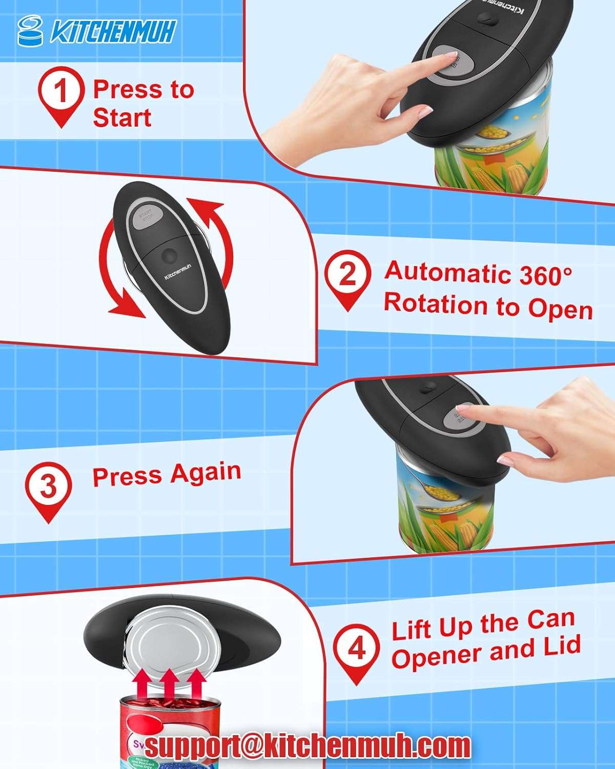 KITCHENMUH One Touch Electric Can Opener Fits All Can Sizes for Seniors with Arthritis, Battery Operated Can Opener with Smooth Edge, Food Safe Automatic Can Opener for Kitchen (Black+Grey)
