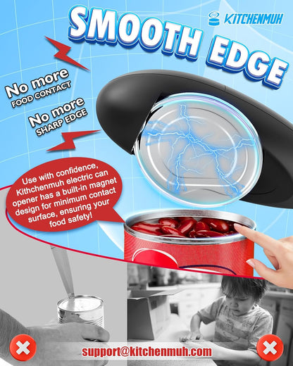 KITCHENMUH One Touch Electric Can Opener Fits All Can Sizes for Seniors with Arthritis, Battery Operated Can Opener with Smooth Edge, Food Safe Automatic Can Opener for Kitchen (Black+Grey)