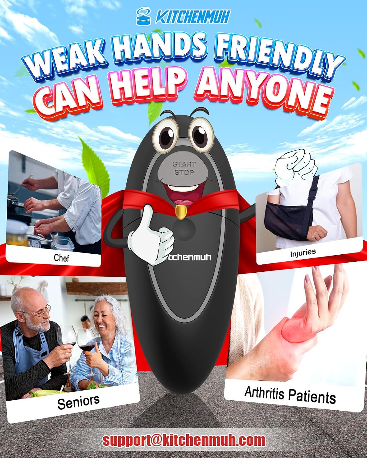 KITCHENMUH One Touch Electric Can Opener Fits All Can Sizes for Seniors with Arthritis, Battery Operated Can Opener with Smooth Edge, Food Safe Automatic Can Opener for Kitchen (Black+Grey)