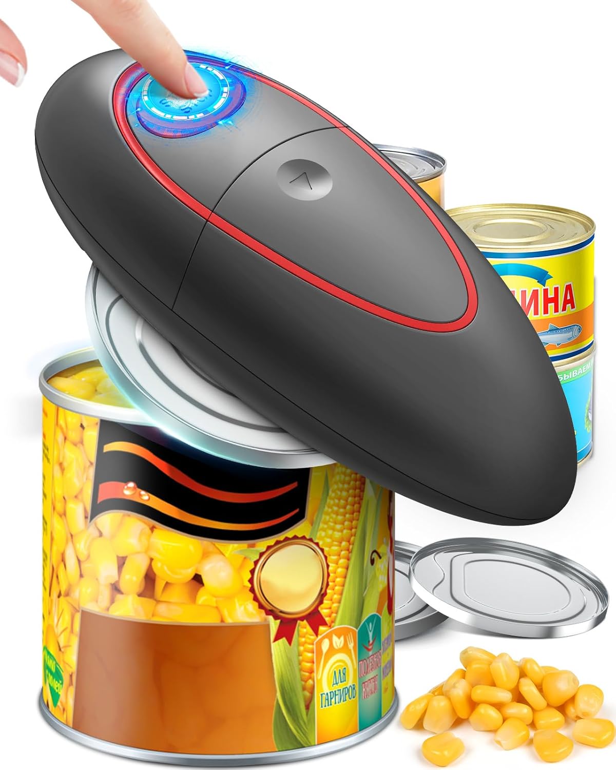 KITCHENMUH One Touch Electric Can Opener Fits All Can Sizes for Seniors with Arthritis, Battery Operated Can Opener with Smooth Edge, Food Safe Automatic Can Opener for Kitchen (Black+Grey)