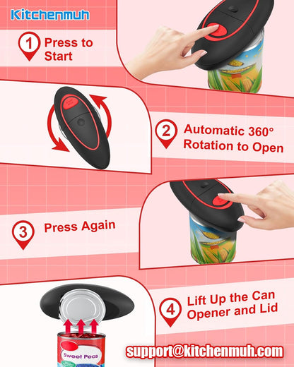 KITCHENMUH One Touch Electric Can Opener Fits All Can Sizes for Seniors with Arthritis, Battery Operated Can Opener with Smooth Edge, Food Safe Automatic Can Opener for Kitchen (Black+Grey)