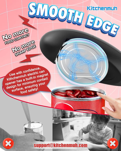 KITCHENMUH One Touch Electric Can Opener Fits All Can Sizes for Seniors with Arthritis, Battery Operated Can Opener with Smooth Edge, Food Safe Automatic Can Opener for Kitchen (Black+Grey)