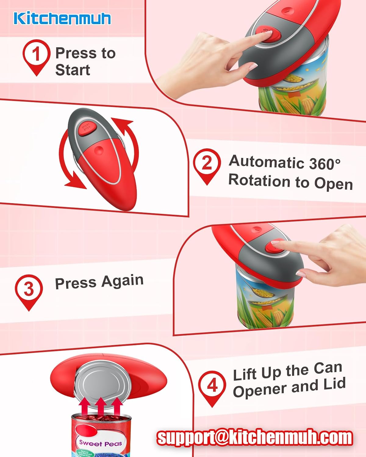 KITCHENMUH One Touch Electric Can Opener Fits All Can Sizes for Seniors with Arthritis, Battery Operated Can Opener with Smooth Edge, Food Safe Automatic Can Opener for Kitchen (Black+Grey)