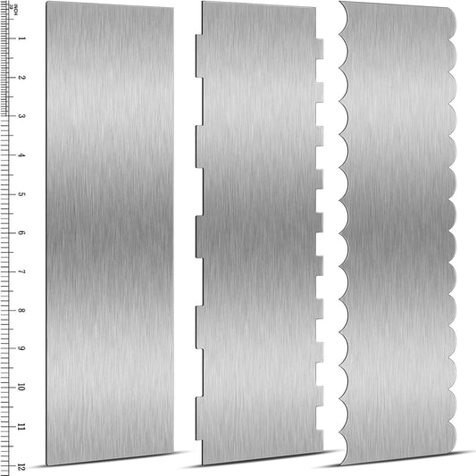 3 Pcs 12 Inch Cake Scraper Smoother Stainless Steel Cake Scraper Metal Large Double Sided Patterned Edge Decorating Comb Icing Smoother for Mousse Butter Cream Dessert Decoration