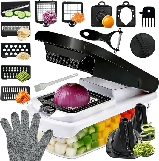 Veggie Chopper, Onion Dicer, Spiralizer & Storage Box | One press, easy cutting. 17 blades & tools includes cut-resistant glove. Perfect for salads, fries & meal prep.