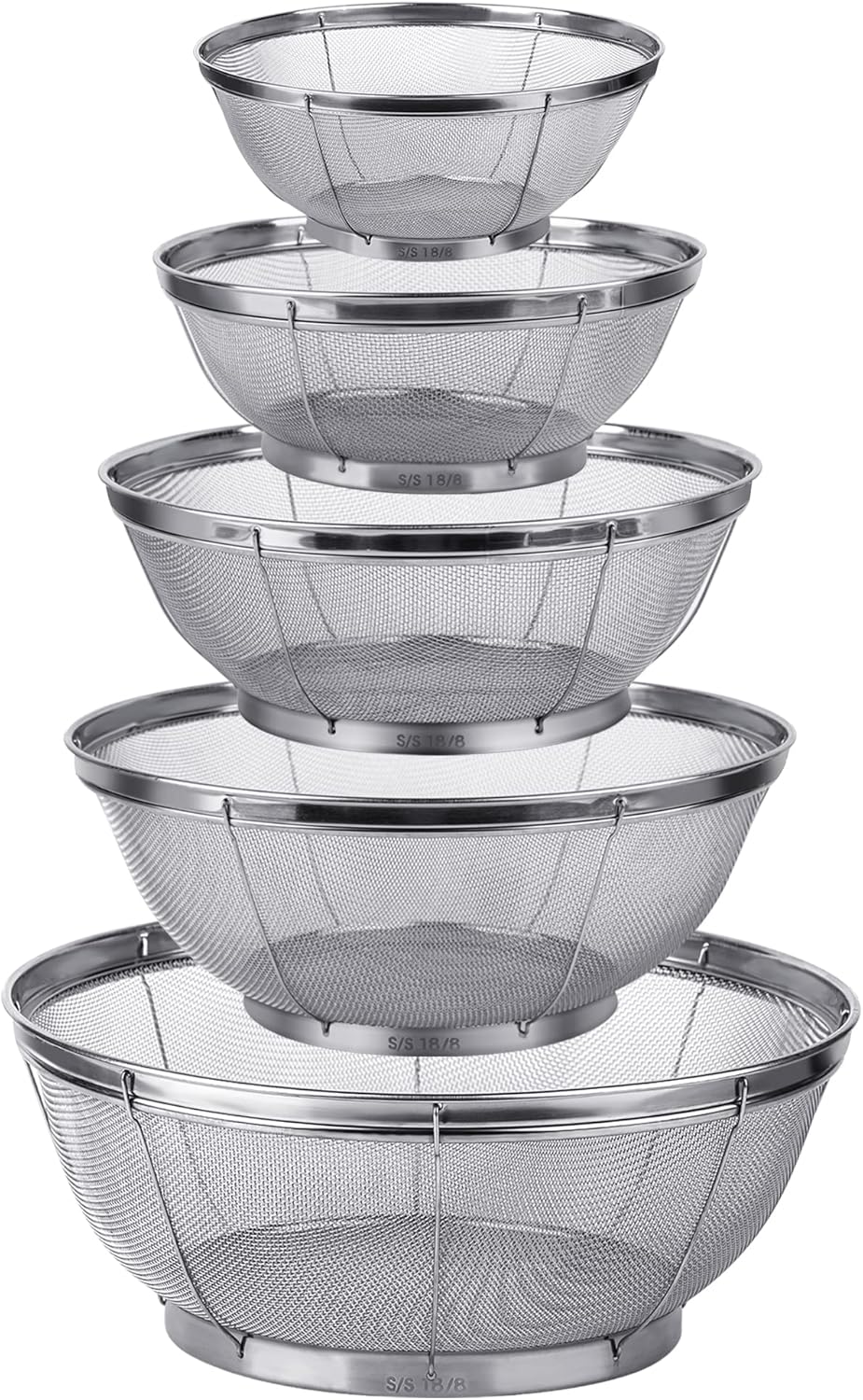 5 Pack Strainers for Kitchen, 18/8 Stainless Steel Colander, Fine Mesh Strainer for Pasta, Rice and Fruit, Sieve for Strain, Drain, Rinse or Steam, Multi Size Sifter