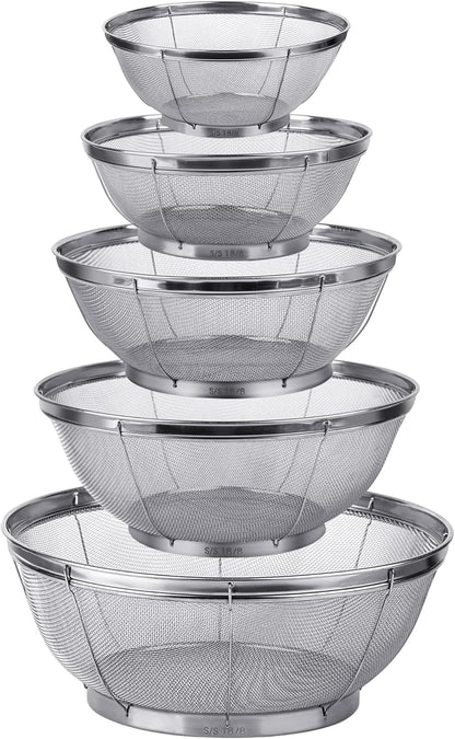 5 Pack Strainers for Kitchen, 18/8 Stainless Steel Colander, Fine Mesh Strainer for Pasta, Rice and Fruit, Sieve for Strain, Drain, Rinse or Steam, Multi Size Sifter