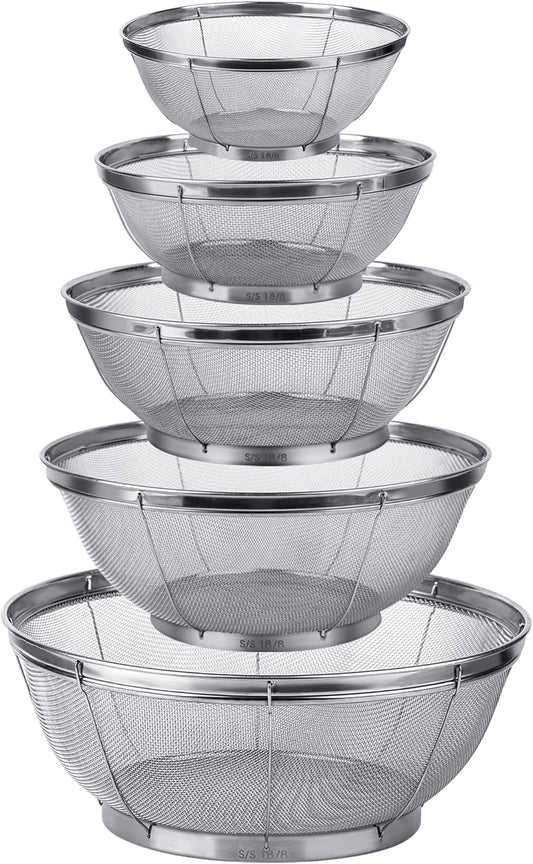5 Pack Strainers for Kitchen, 18/8 Stainless Steel Colander, Fine Mesh Strainer for Pasta, Rice and Fruit, Sieve for Strain, Drain, Rinse or Steam, Multi Size Sifter