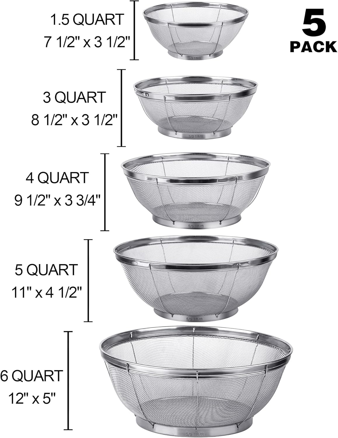 5 Pack Strainers for Kitchen, 18/8 Stainless Steel Colander, Fine Mesh Strainer for Pasta, Rice and Fruit, Sieve for Strain, Drain, Rinse or Steam, Multi Size Sifter