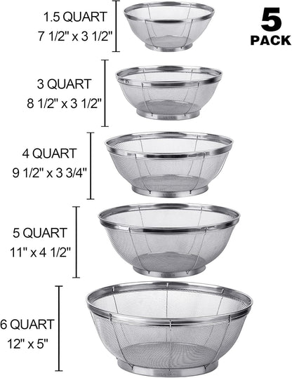 5 Pack Strainers for Kitchen, 18/8 Stainless Steel Colander, Fine Mesh Strainer for Pasta, Rice and Fruit, Sieve for Strain, Drain, Rinse or Steam, Multi Size Sifter