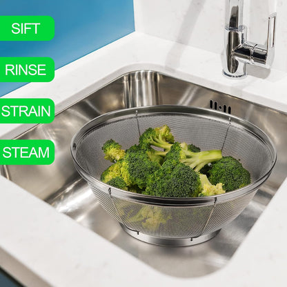 5 Pack Strainers for Kitchen, 18/8 Stainless Steel Colander, Fine Mesh Strainer for Pasta, Rice and Fruit, Sieve for Strain, Drain, Rinse or Steam, Multi Size Sifter