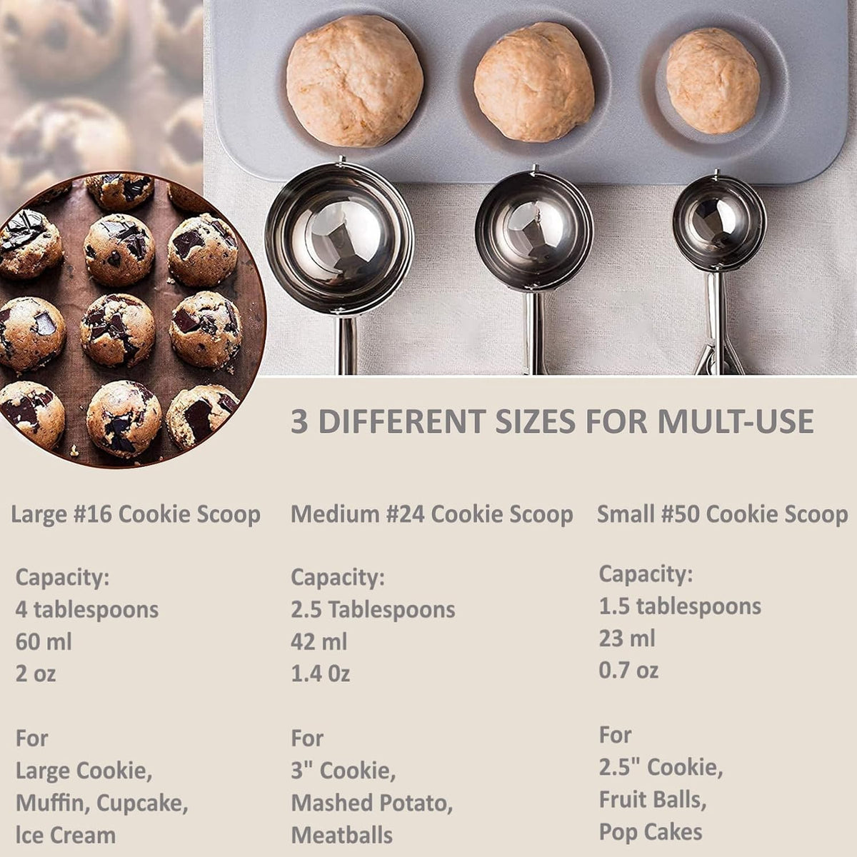 Ice Cream Scoop, 3Pcs Cookie Scoop Set, Stainless Steel Cookie Scoops for Baking Set of 3, Cookie Scooper for Baking, Ice Cream Scooper with Trigger Release, Cookie Dough Scoop